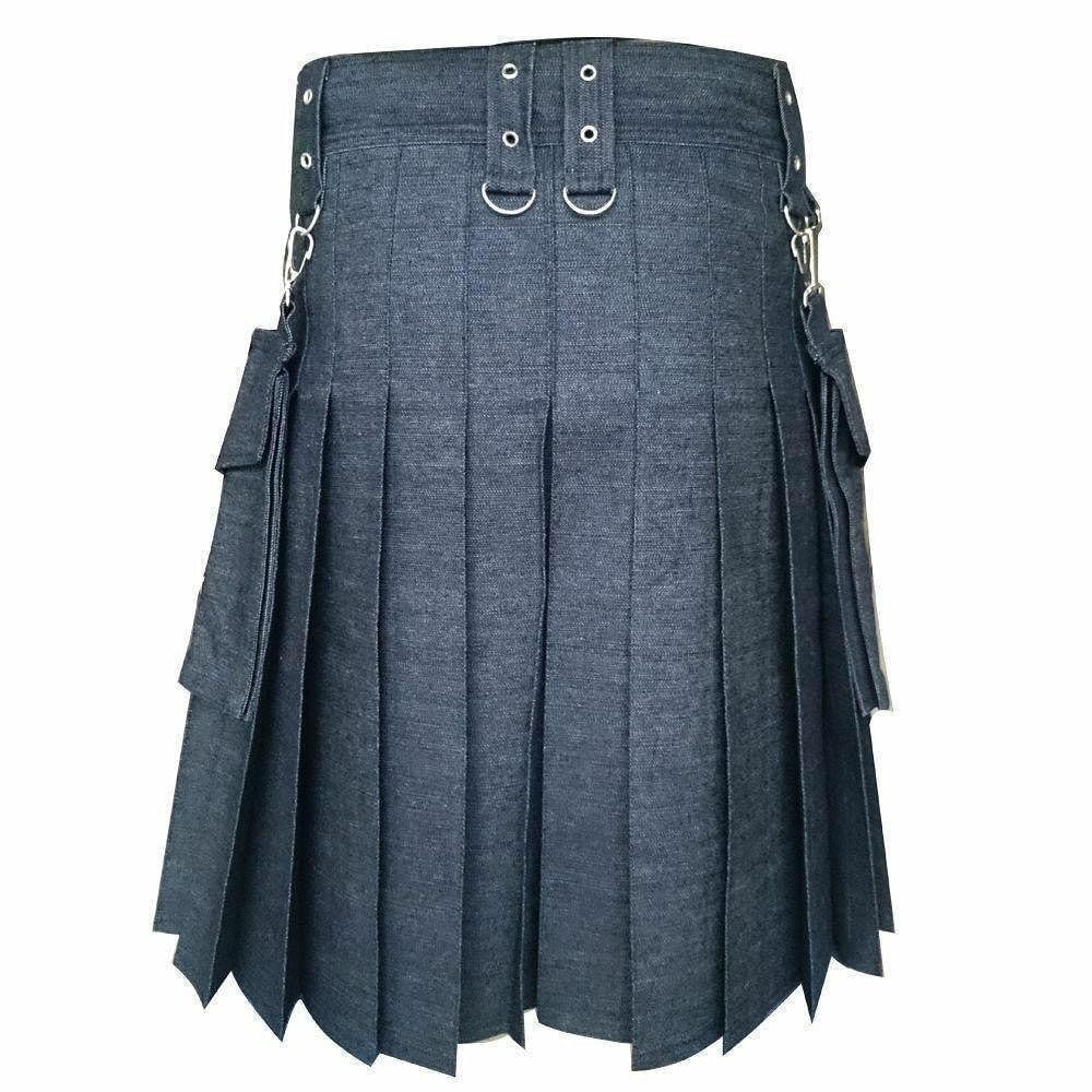 Traditioneller schottischer Universal-Kilt aus schwarzem Denim mit abnehmbaren Taschen, D-Ringen aus Metall, plissiertes Design