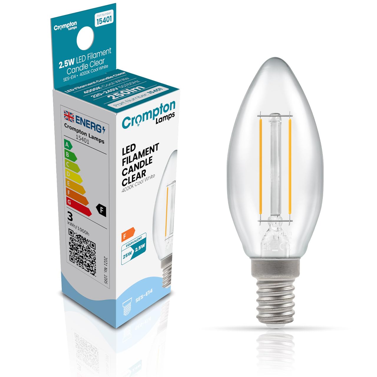 Crompton Lamps Filament Candle LED Light Bulb SES-E14 | 2.5W = 25W Equivalent | Cool White 4000K | Energy Efficient | Small Screw Lightbulb | Long Life 15000-Hrs | Clear Glass | Dimmable — image 1