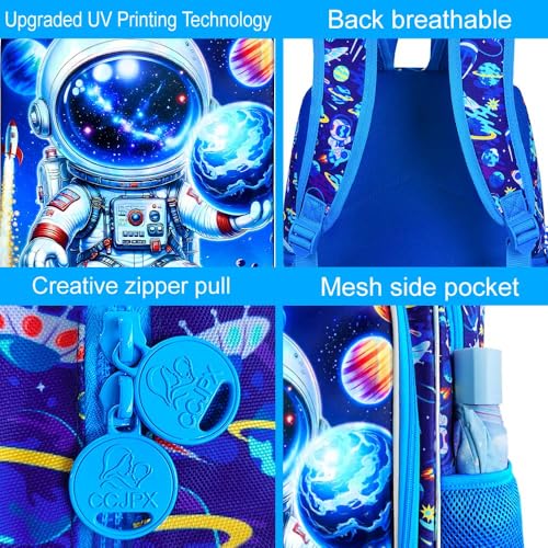 Image of HPJGD 3PCS Space Bookbag for Boys, Water Resistant Kids Backpack Set with Lunch Box, Cool School Bag for Preschool Toddler - Astronaut Holding Earth