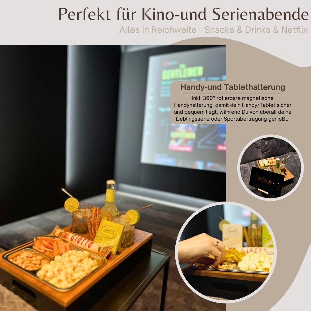 Lukada CouchBar pudełko na przekąski | 3 miseczki na przekąski i 3 uchwyty na napoje | taca na sofę Snagger szara | Sofa Butler wino i kawa | akcesoria kempingowe | organizer na kanapę | bar