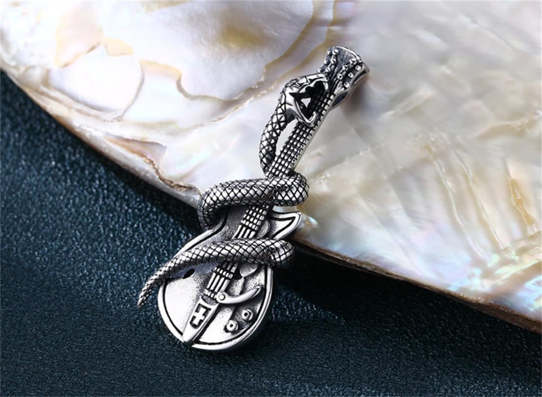 S925 Argento Sterling Ciondolo Collana Chitarra Serpente, Signore Chitarra Vintage Personalizzato Ciondolo Serpente,Argento,Pendant + Chain 50cm