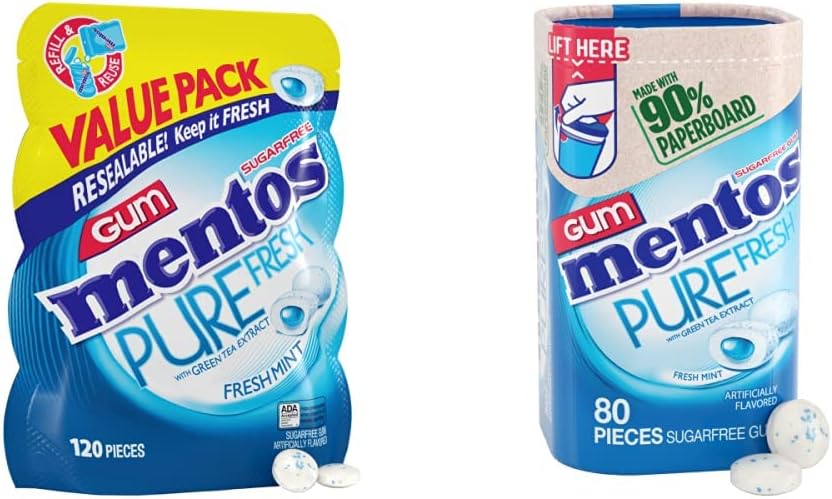 Bundle of Mentos Pure Fresh Sugar-Free Chewing Gum, Fresh Mint, 120 Piece Bulk Resealable Bag (Pack of 1) + Mentos Gum with Xylitol, Fresh Mint, in a recyclable 90% Paperboard Bottle, 80 Piece