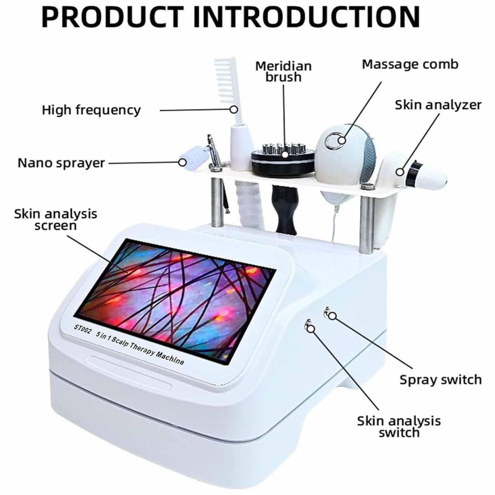Detector De Cuero Cabelludo 10 Pulgadas,Equipo 5 En 1 para Masaje Capilar,Análisis De Piel Y Grasa,Analizador Capilar para Diagnóstico De Piel con 5 Asas,para Pérdida De Cabello,Humedad