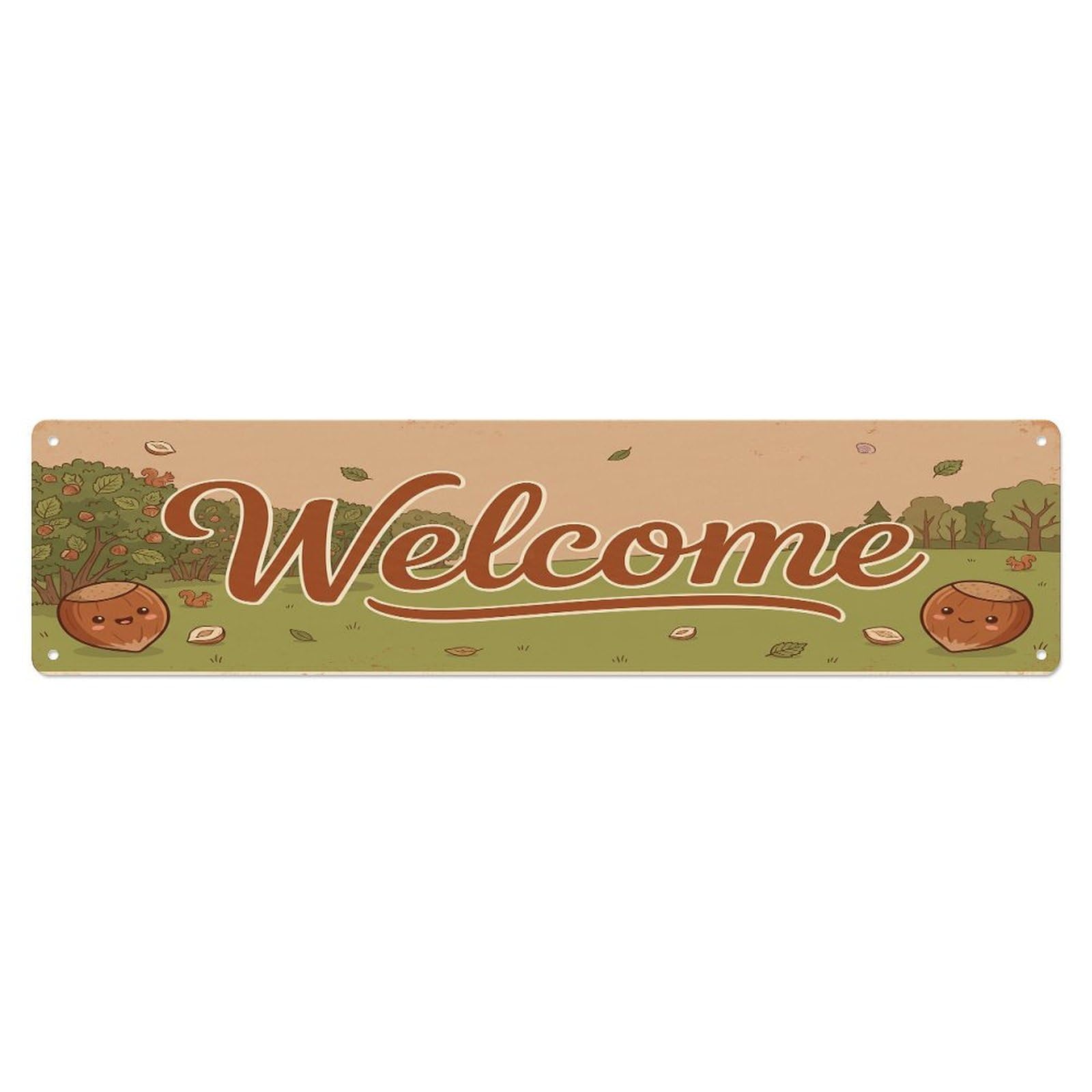 Olhnbad 4X16inch(10X40cm) Vintage Welcome Hazelnut Round Metal Tin Sign