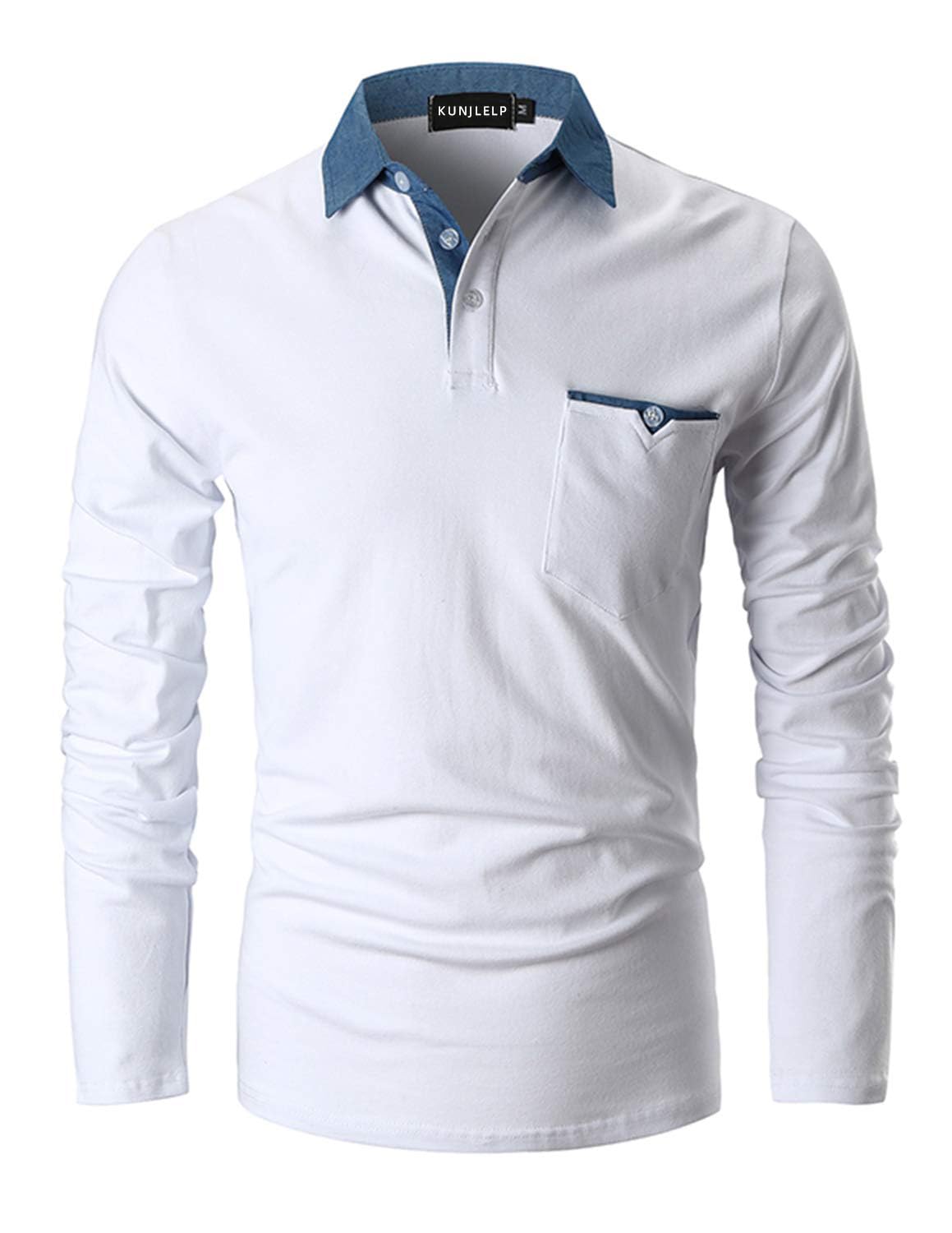 KUNJLELP Polo Camicia Uomo Manica Lunga Maglietta con Colletto in Denim Casuale Cotton Inverno Golf T-Shirt