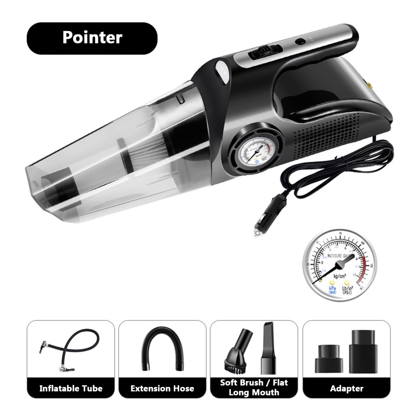 Aspiradora De Mano 4 En 1 For Coche, Bomba Aire For Auto DC 12V, Compresor Digital For Barco Inflable, Automóvil, Motocicleta SuccióN Potente(New Pointer)