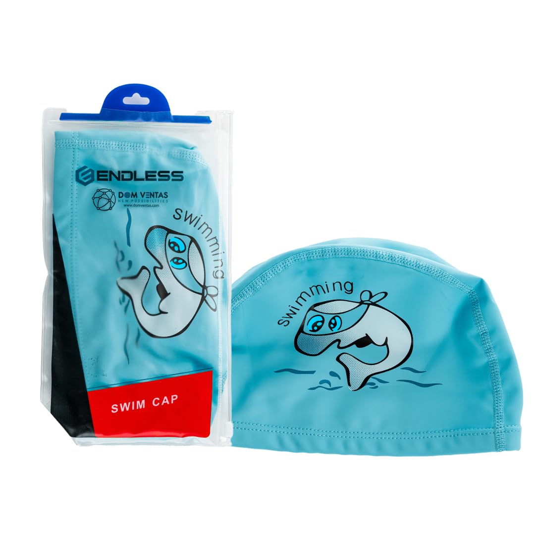 Endless EL1017 Comfortable PU Swimming Cap with Cartoon Design | Light Blue | Material : PU | Elastic Waterproof Swimming Cap for Long and Short Hair with Thicker Edge | For Children