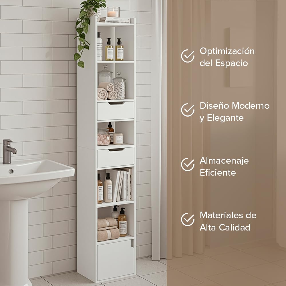 Marctani Libreria Estanteria Blanca con 6 Niveles y 3 Cajones - Estanteria Libros de Madera MDF - Libreria Estrecha y Alta con Almacenaje para Dormitorio, Salon, Baño. Book Shelf 33 x 24 x 181 cm