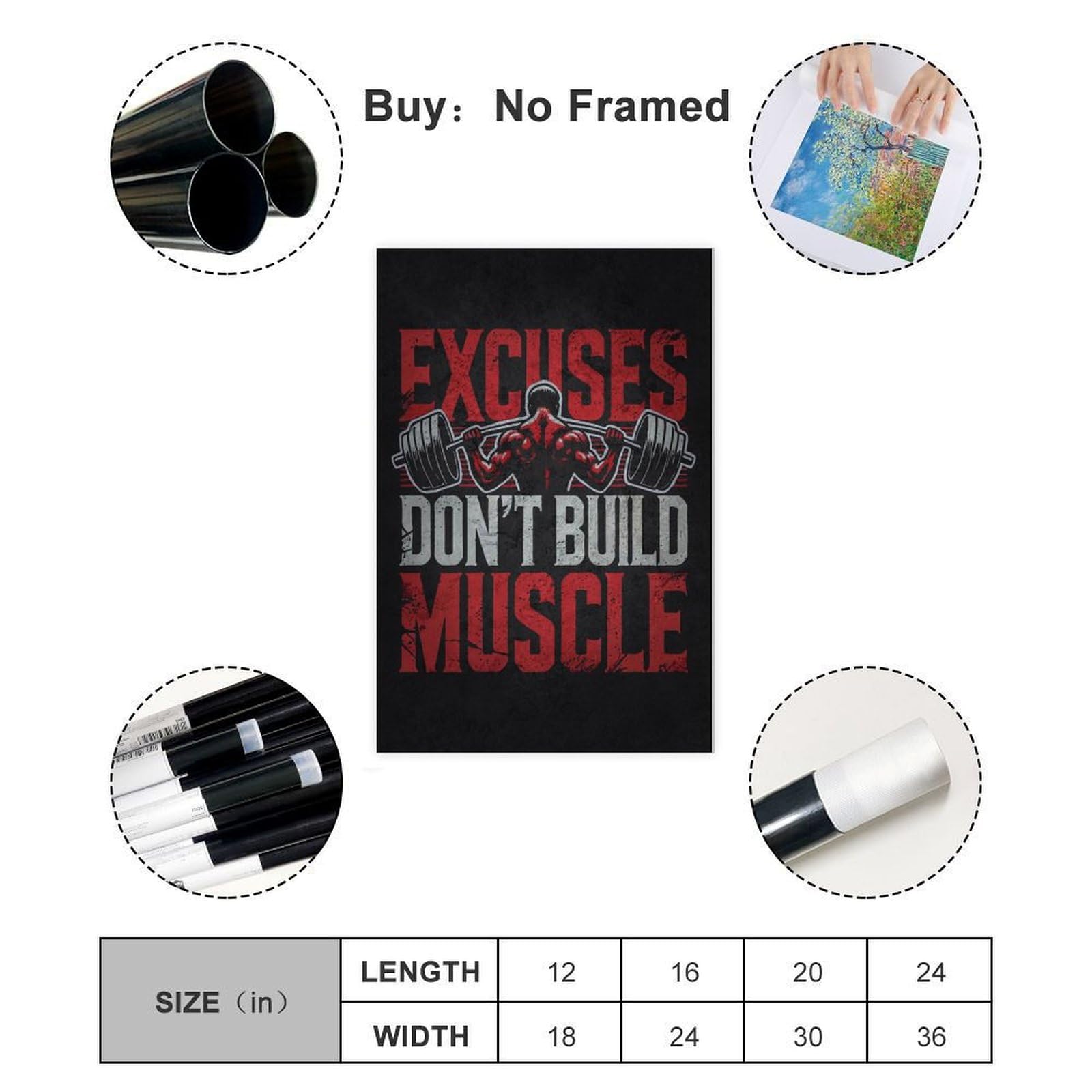 Póster motivacional de Excuses Dont Build Muscle para levantamiento de pesas, para decoración en casa, gimnasio y sala de entrenamiento, 50 x 75 cm