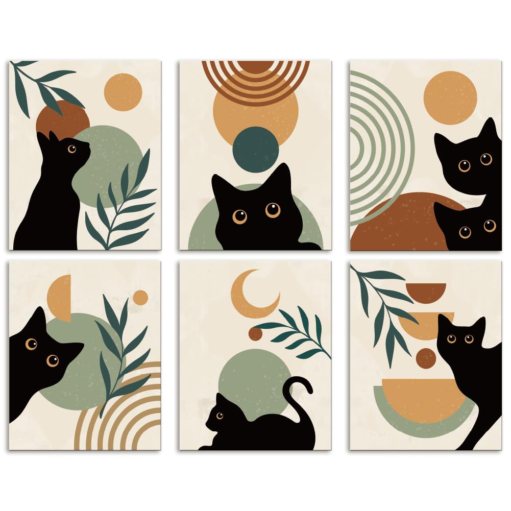 DOODLREAM 6Pcs Unframed Boho Black Cat Wall Art Decor 20.3 x 25.4 cm
