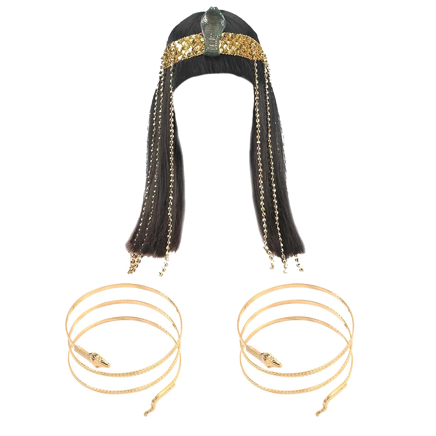 RmKbe 3 Pieces Egyptian Cleopatra Costume Accessory Egyptian Cleopatra Wig Metal Snake Armband Women Egyptian Costume for Women Cosplay Halloween Party Black
