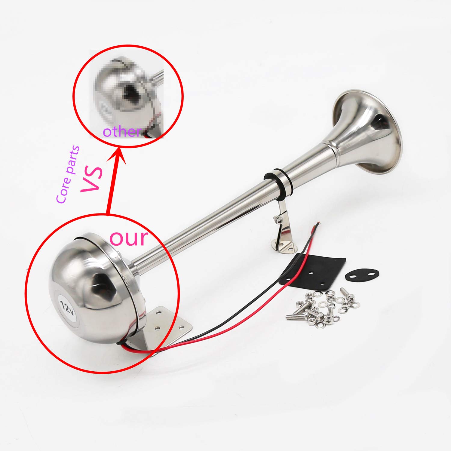 Car Horn Cuerno de coche 12V Cuerno de trompeta de barco marino Cuerno de camión 160DB acero inoxidable 304 Cuerno de coche eléctrico Plata con soporte de montaje Acero inoxidable