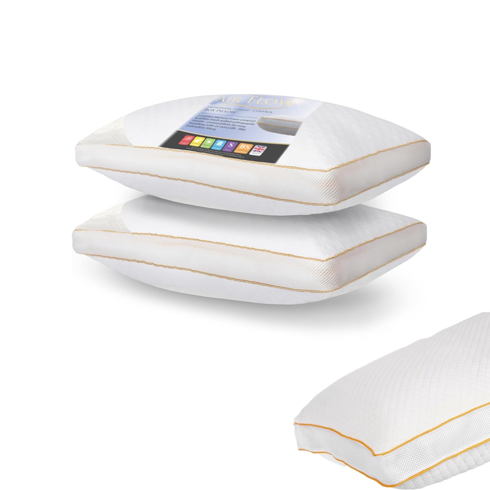 Tt Threadtrade Pack Of 2 Gusseted Box Pillow, Quality Bed Pillows,Orthopaedic Climate-Control, Memory Foam, Hollowfibre Filling, Breathable, Support Pillows For Neck And Shoulder Pain, (Pack Of 2)
