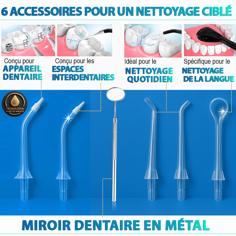 Hydropulseur dentaire DENTAL V-PRO 300 ml |Jet dentaire hydropulseur IPX-7,USB-C pour hygiene dentaire, cure dent |Hydropulseur avec 5 buses et 1 miroir dentaire | water flosser