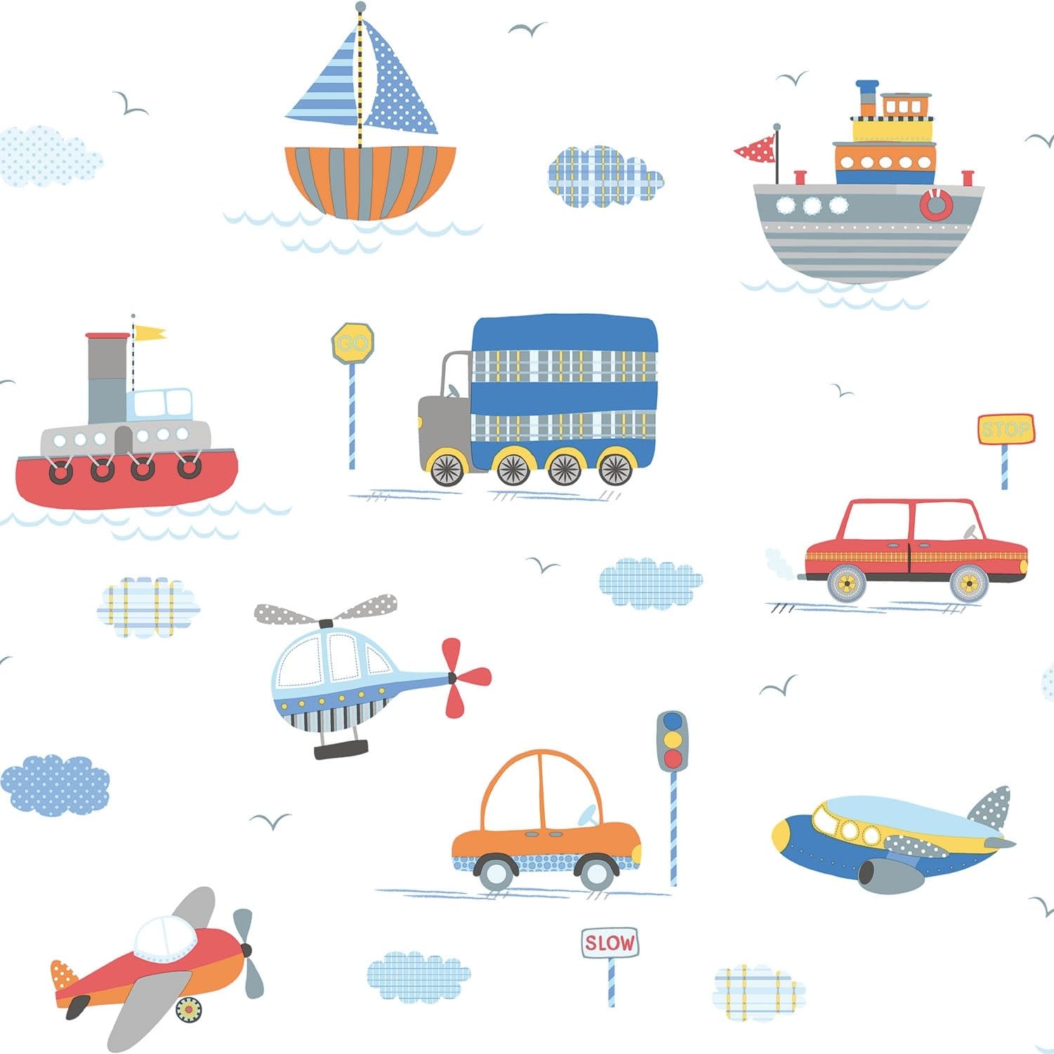 G78415 - Tiny Tots 2 Transportation Blue Orange Red Galerie Wallpaper