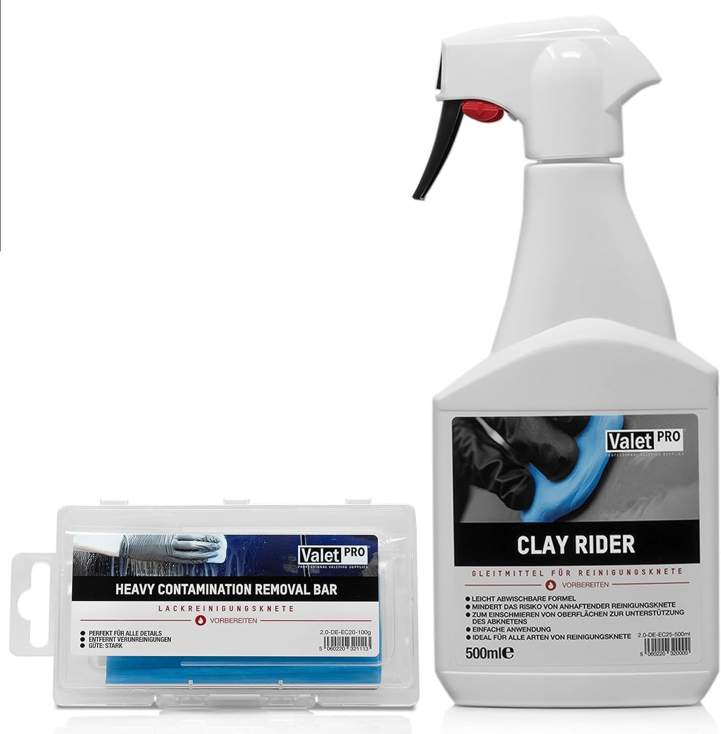 Detailmate ValetPRO Kit de lubrifiant pour nettoyage en douceur de la peinture : Argile Rider – Flacon pulvérisateur – 500 ml – Lubrifiant + Pâte nettoyante Auto Clay – 100 g + 1 paire de gants