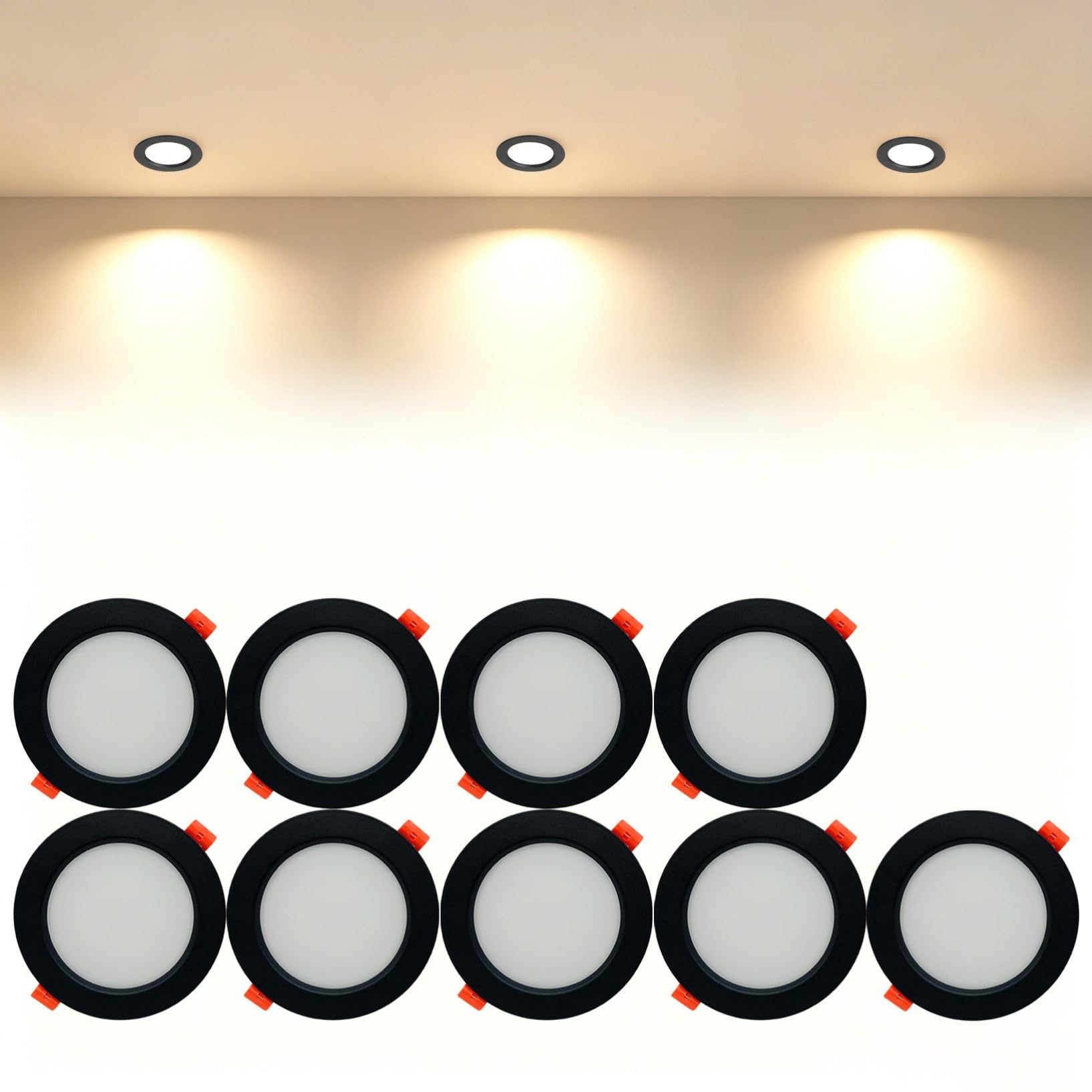 VOGHMOLD 24W Ultra Slim LED Downlight Recessed Ceiling Light 8 inch, 3000K Spot Lights Black Aluminum Trim, Cut Φ190-210mm, AC110-240V Panel Lighting for Office Hallway Closet, 9 Pack
