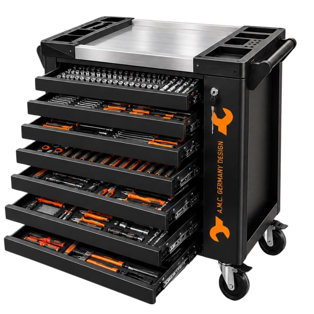 A.M.C. Carrello porta attrezzi completo di utensili con ruote e struttura rinforzata 7 cassetti Pieni di attrezzi professionali 256 pezzi di utensili Strumenti e minuteria inclusi Chiave Dinamometrica