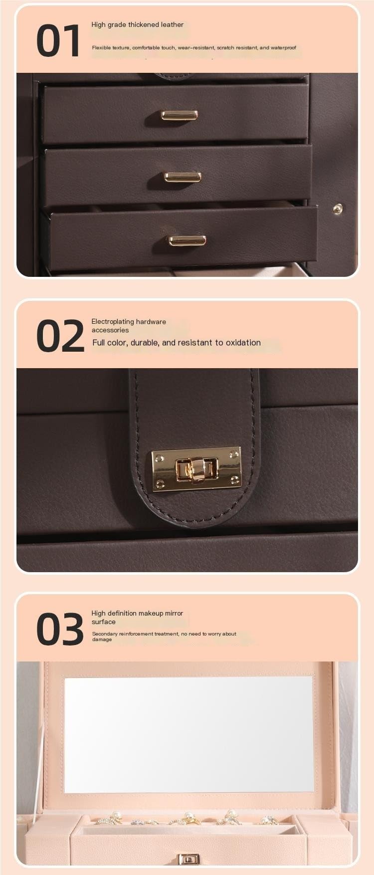 Pudełko na biżuterię Organizer biżuterii o dużej pojemności Pięć warstw Pu Leather Naszyjnik Pierścień Organizer biżuterii Szuflada Organizer biżuterii na pierścionki bransoletki kolczyki (Color : Ro