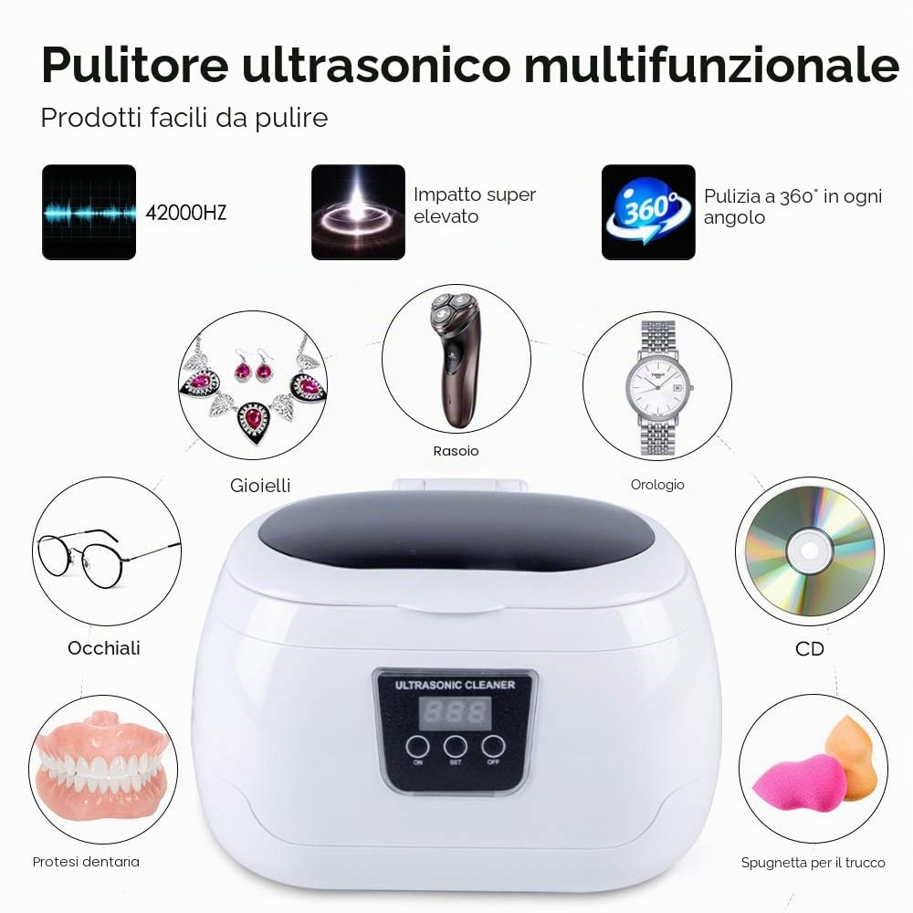 Pulitore Ultrasuoni 600ml, Lavatrice Ultrasuoni Acciaio Inox, Detergente ad Ultrasuoni Portatile per Occhiali Gioielli Orologi
