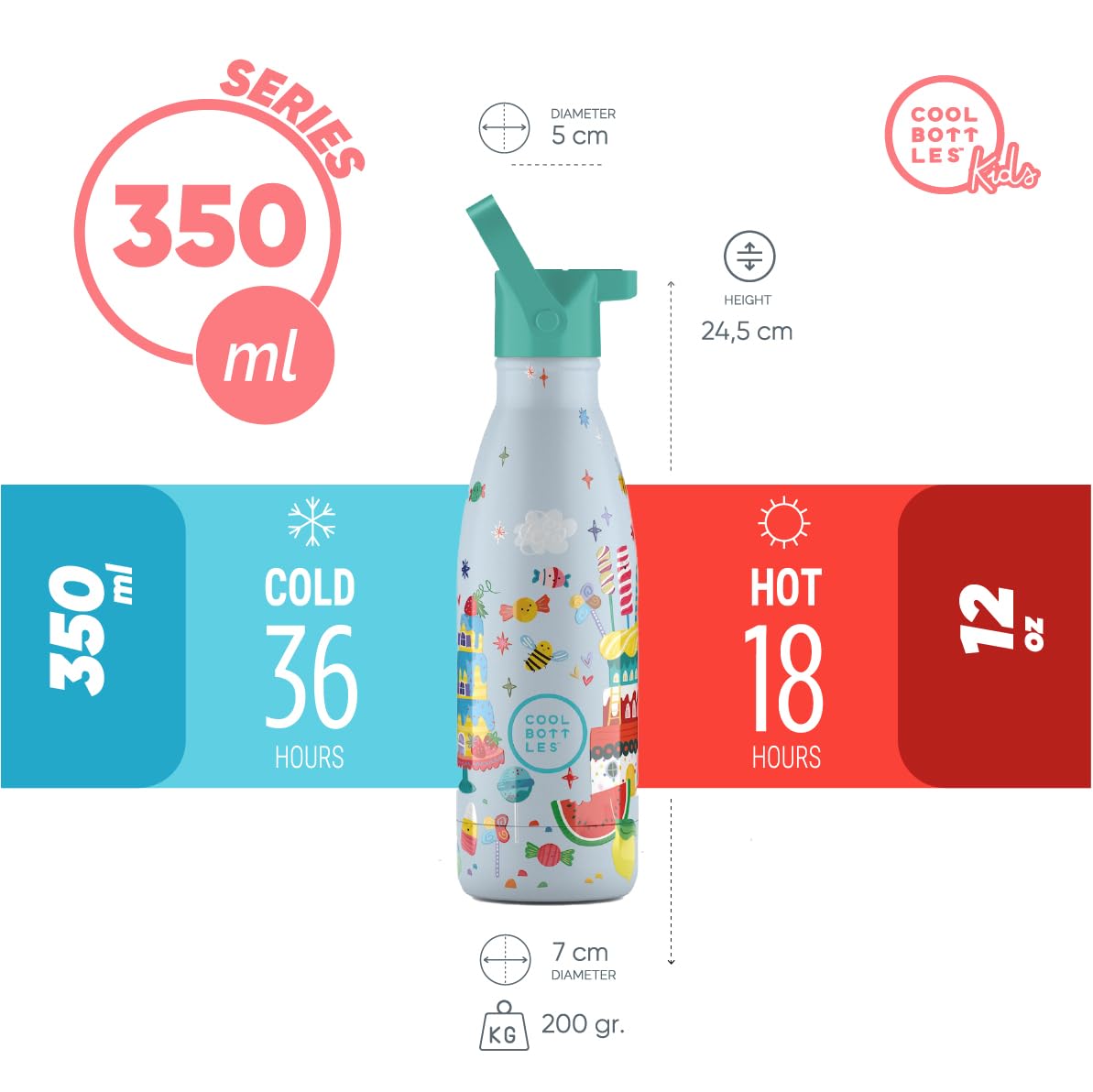Cool Bottles - Butelka termiczna dla dzieci - Butelka na wodę ze stali nierdzewnej - 350 ml - Candy Land- Zimne napoje 36 godzin i gorące 18 godzin - Wykończenie farbą wytłaczaną - Nie zawiera BPA