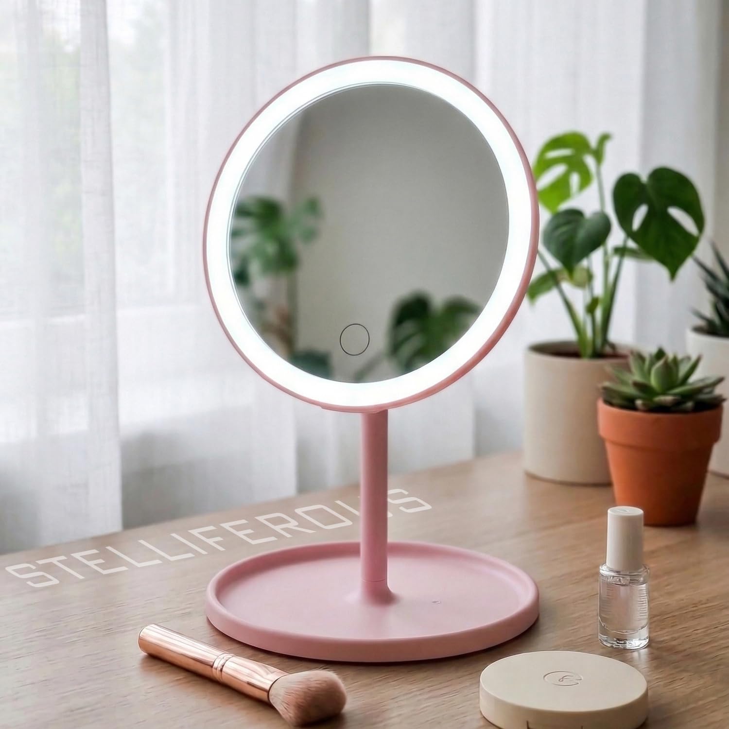 Stelliferous Round Tabletop Vanity Mirror With Customizable 3-Color Led Lighting & Storage Tray |Rechargable With Usb Micro-B Connector|Portable & Foldable Makeup Mirror (Misty Rose) - Plastic-image-27