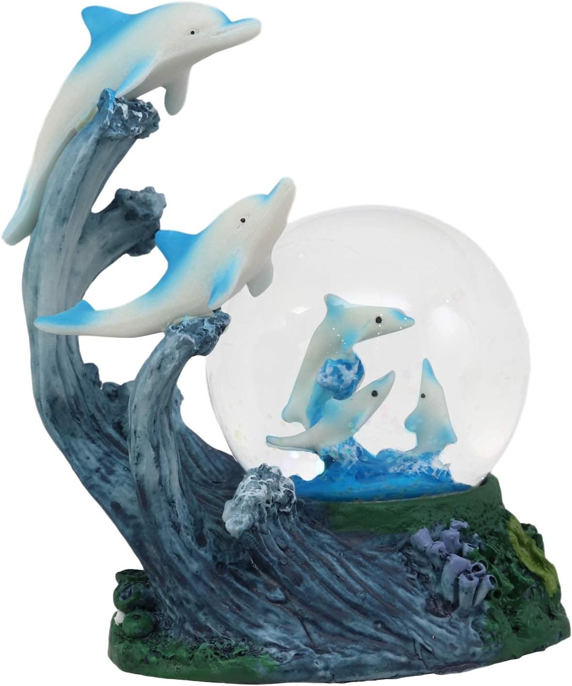 Ebros Aqua Marine Life Dolphin Family Rising with The Waves Snow Water Globe Figurine 5.25" Tall Nautical Coastal Ocean Sea Desktop Collectible of Bottlenose Dolphins