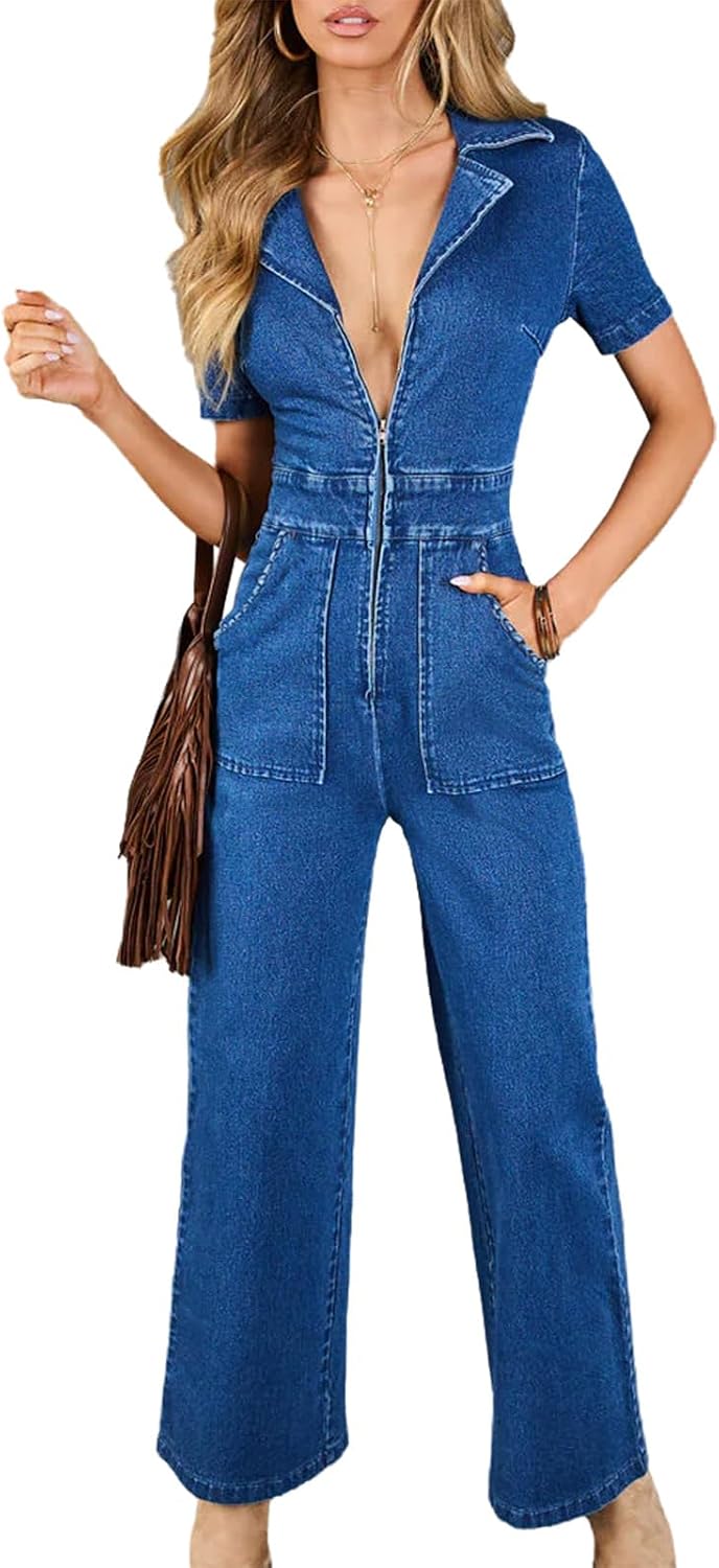 Denim Jumpsuit for Women Short Sleeve Full Zip V-Neck Stretch Slim Long Jean Jumpsuit