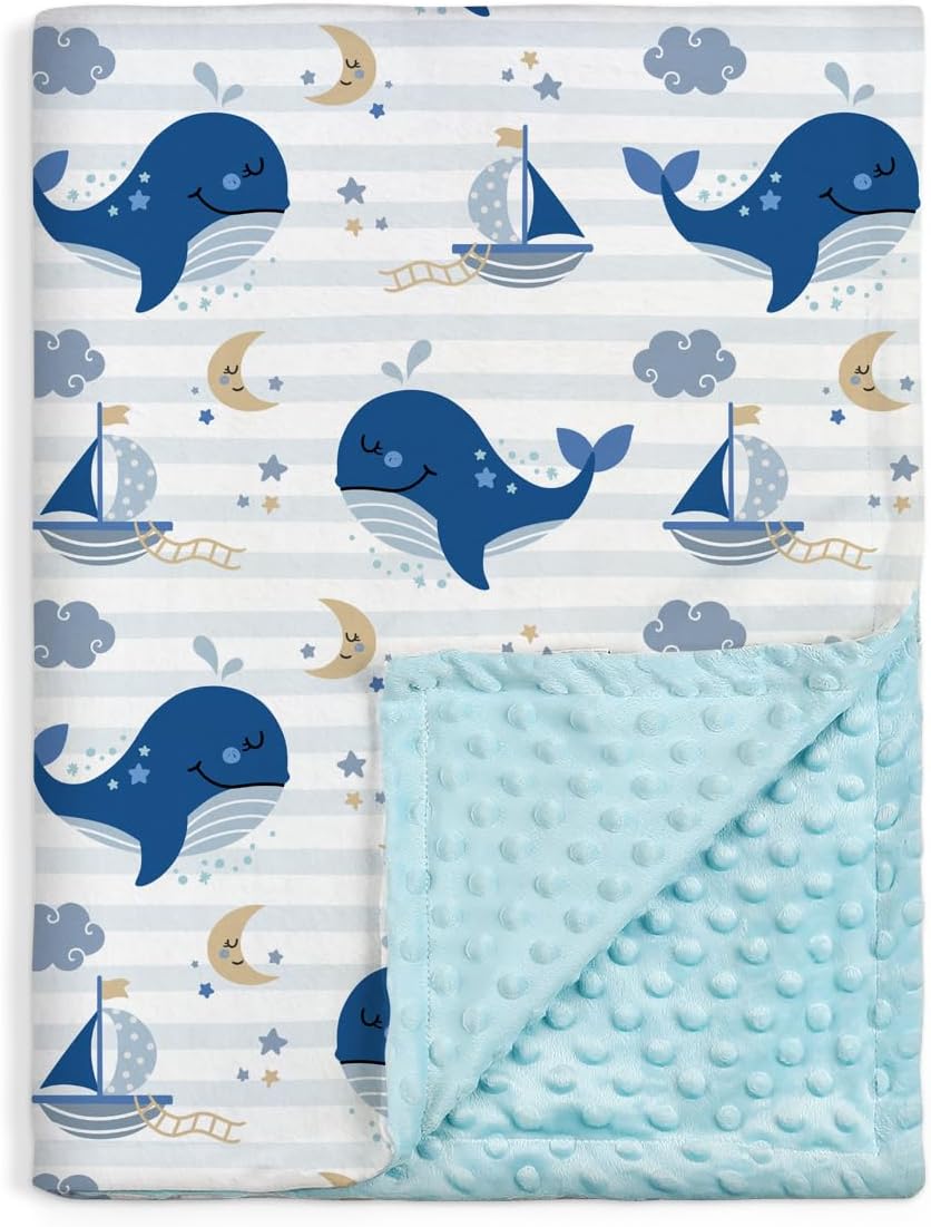 Whale Kid Blanket for Boys or Girl 30×40 – Soft Kids Throw Minky Blankets with Dotted Backing – Nursery Crib Blanket