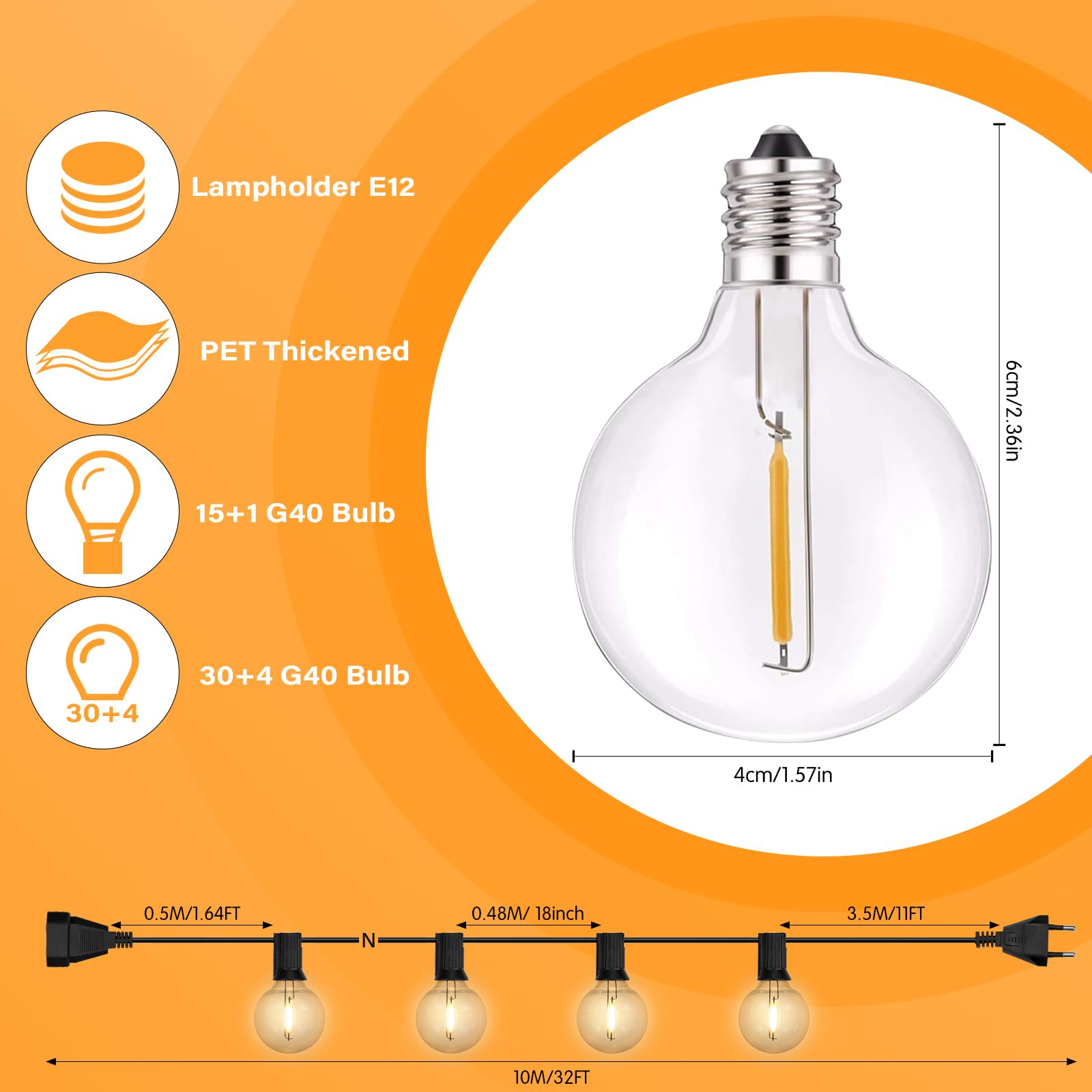 EUJAM Catena Luminosa Esterno,10M Luci da Esterno Giardino con 15+1 LED 0.6W Catene Lampadine 2700K Bianco Catena LED Luci da Esterno IP65 Impermeabile per Terrazzo Barbecue, Partito Festa Matrimonio
