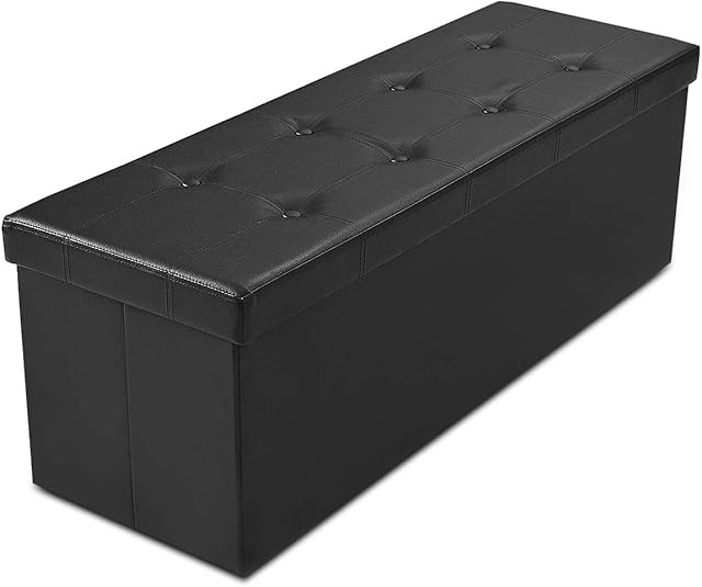 COSTWAY Folding Storage Ottoman, Faux Leather Footstool Bench Toy Box Chest with Lid, Home Living Room Bedroom Hallway Space Saving Bed End Stool, 300kg Weight Capacity (114 x 38 x 38cm, Black)