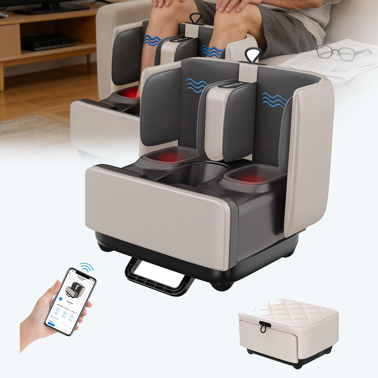 2 in 1 Fuß- und Wadenmassagegerät mit Ottomane, tiefes Kneten zur Schmerzlinderung & Durchblutung, Sohlenrolle, App-Steuerung, geeignet für die ganze Familie