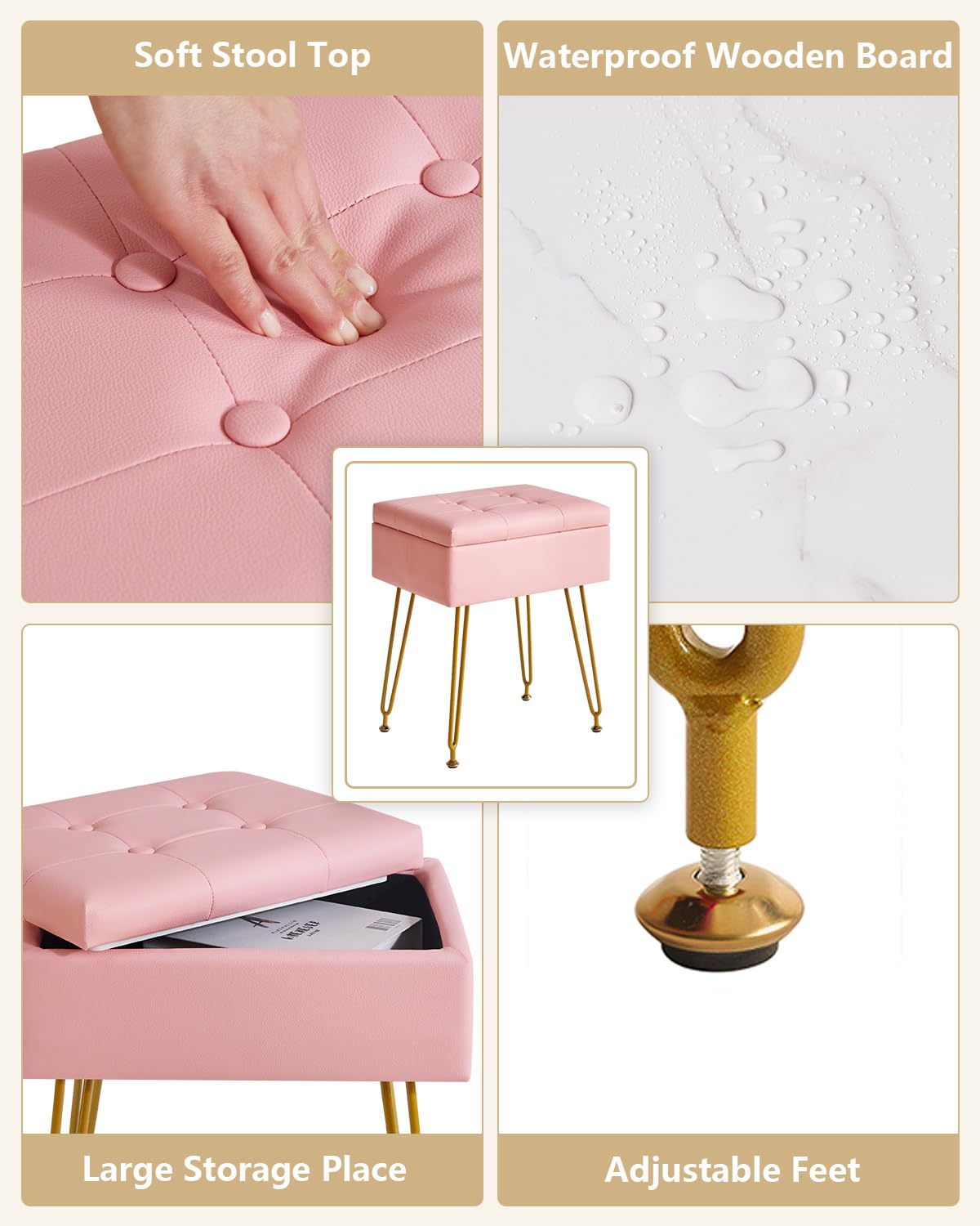 IBUYKE Multifunzionale Stoccaggio Vanity Sgabello con Flip Table, Gambe in Metallo Regolabili & Pelle PU - 40x30x48cm Poggiapiedi ottomano per Trucco, Soggiorno, Ingresso Rosa WBD014P