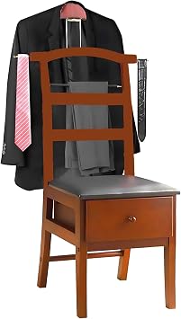 Wooden Chair Valet with Cushion Wardrobe Suit Valet Stand with Hanger, Trouser Bar, Tie Bar, for Bedroom, Living Room, Office