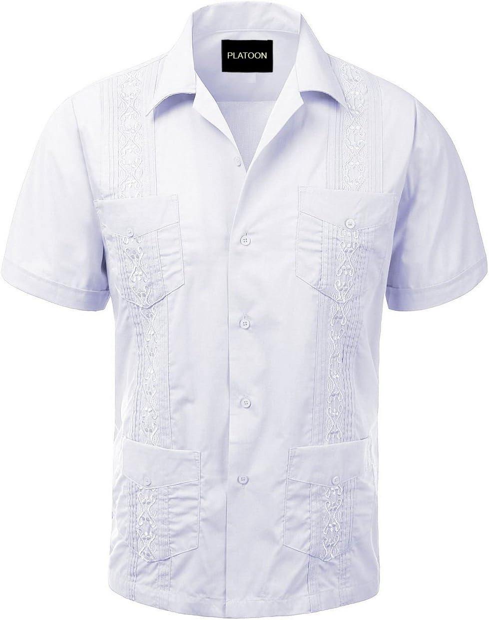 Platoon Guayabera Short Sleeve Mens Cuban Shirt Wedding Cigar Beach Bartender (L, White)