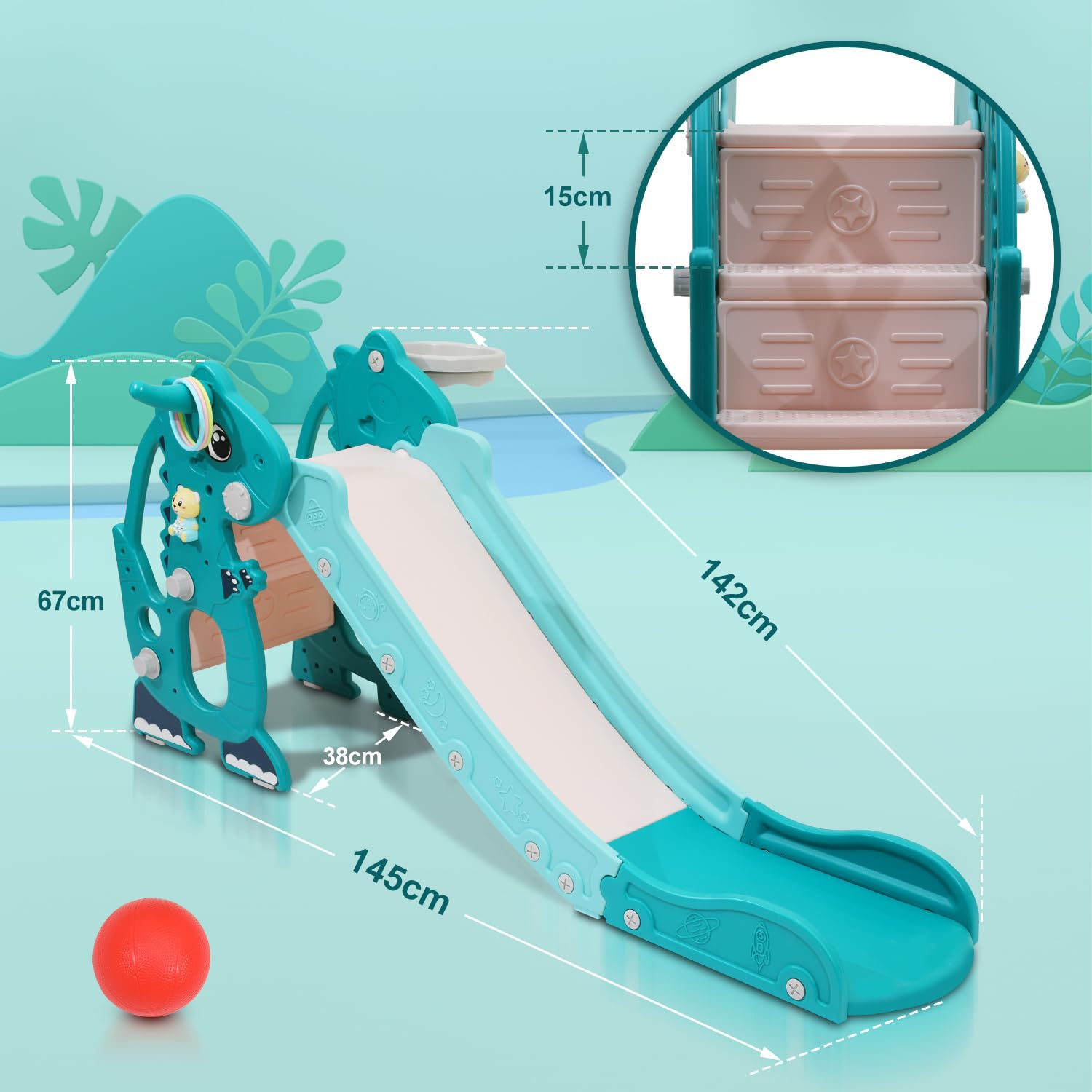 Tobogán infantil 4 en 1 con máquina de aprendizaje temprano inglés, diapositiva divertida para niños a partir de 2 años, para interiores y exteriores, color verde