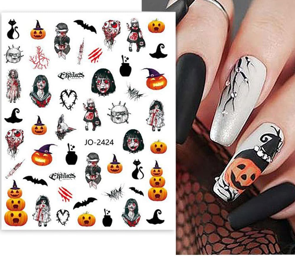 Halloween Nail Art Stickers Decals 6 Sheets Halloween Theme 3D Nail Stickers Halloween Nail Art Supplies Pumpkin Ghost Puppet Dolls Bats Terror Castle Witches Design Stickers for Women Kids image 4