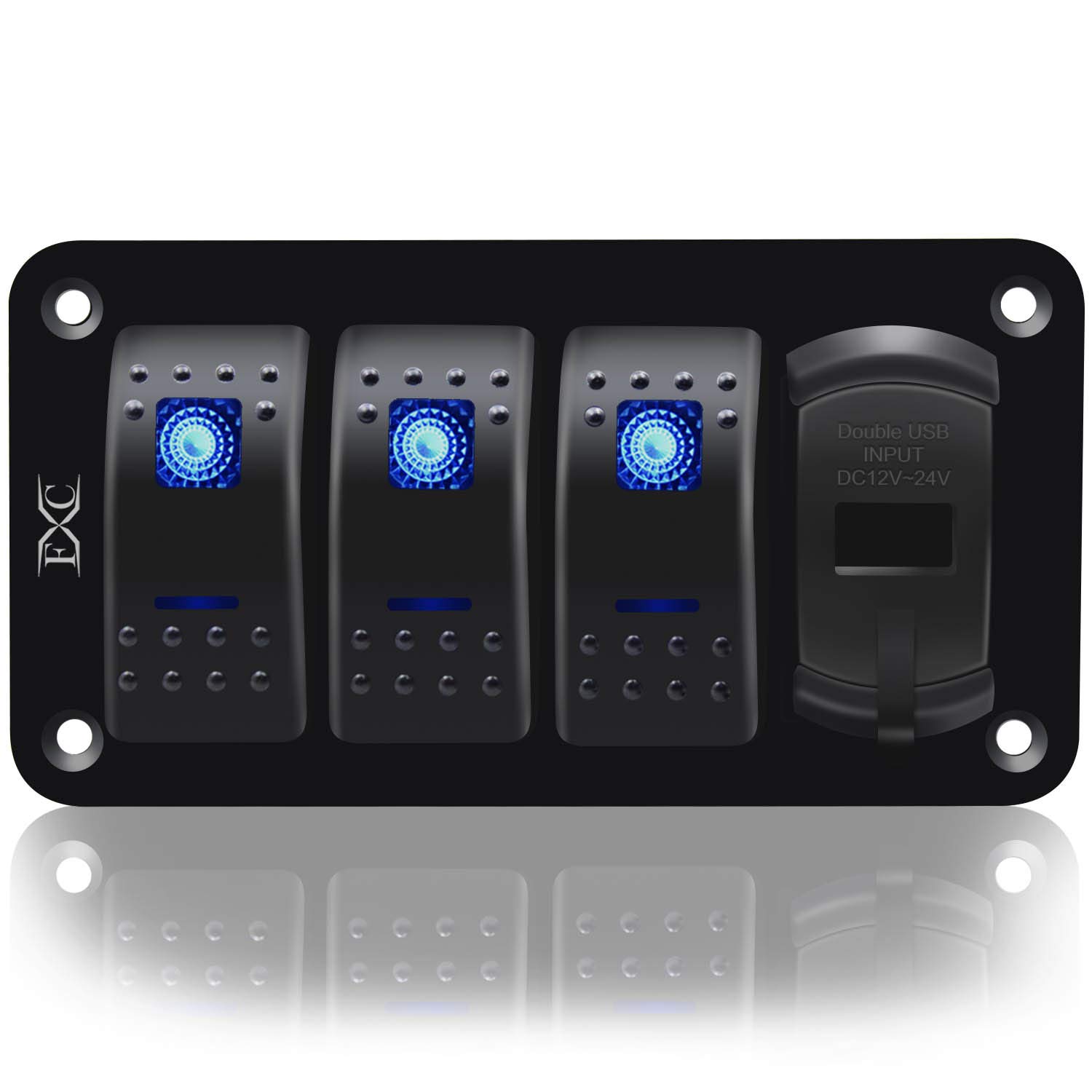 Purishion 3 Gang Rocker Switch Aluminum Panel with Voltmeter & Dual USB(4.8 Amps) Fast Charging, Blue Backlit Led, Pre-Wired IP65 Waterproof for Marine, Boat, Car, Truck, Polaris, Jeep (Blue) : Automotive