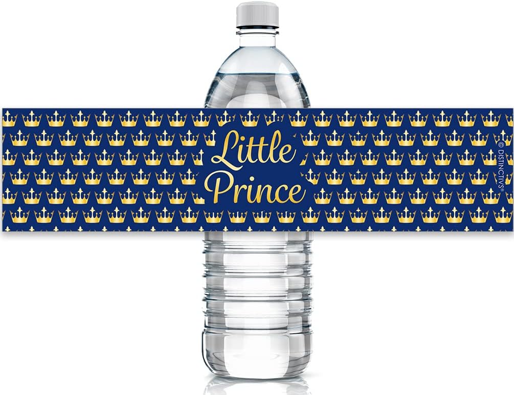 Little Prince Baby Shower Water Bottle Labels - Royalty Baby Shower, Blue and Gold Prince Decorations, Gold Crown Stickers, 24ct