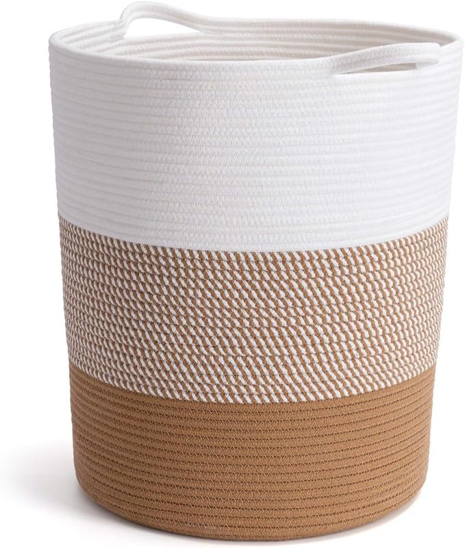 Image of Large Basket Natural Cotton Rope Storage Basket and Hamper for Cloths and Multi Usage in Living Room, Bedroom, Laundry Room (Size - 14 inch x 14 inch x 16 inch) (White Beige Tiranga)