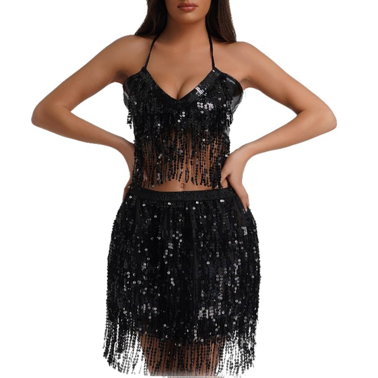 Dola22g Belly Dance Skirt with Crop Top Sequins Fringe Skirts Set Rave Dance Bra Top Party Costume Outfits for Women and Girls