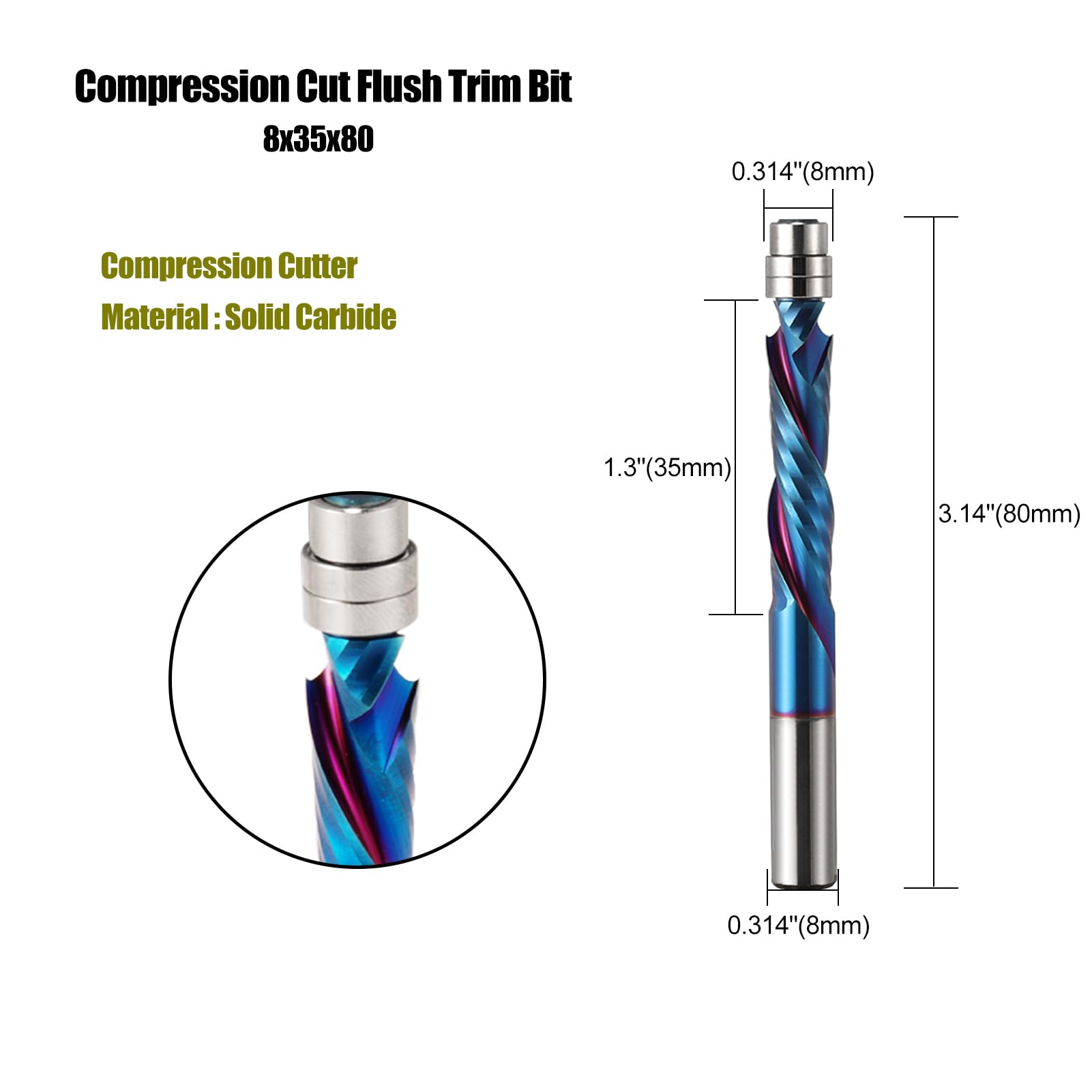 EU_HOZLY Spiral Bündigfräser 8mm Schaft, UP&DOWN Cut Spirale Flush Trim Router Bit,35mm Schnittlänge mit ano Beschichtung,Carbide Drill Bits,Wood Milling Cutters (8 * 35 * 80L)