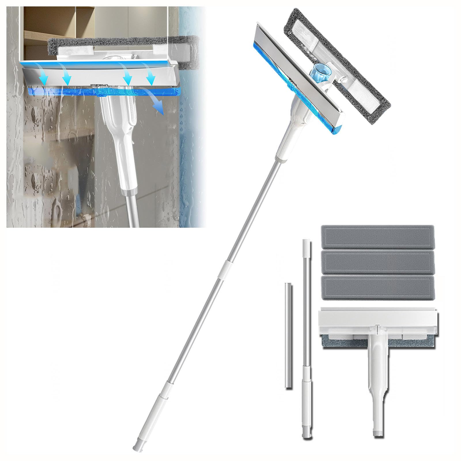 4 en 1 Spray Limpiador De Cristales con Colector De Aguas Residuales Y 3 Paños Microfibra, Limpiador De Cristales con Varilla De Extensión para Baños,Ventanas,Espejos