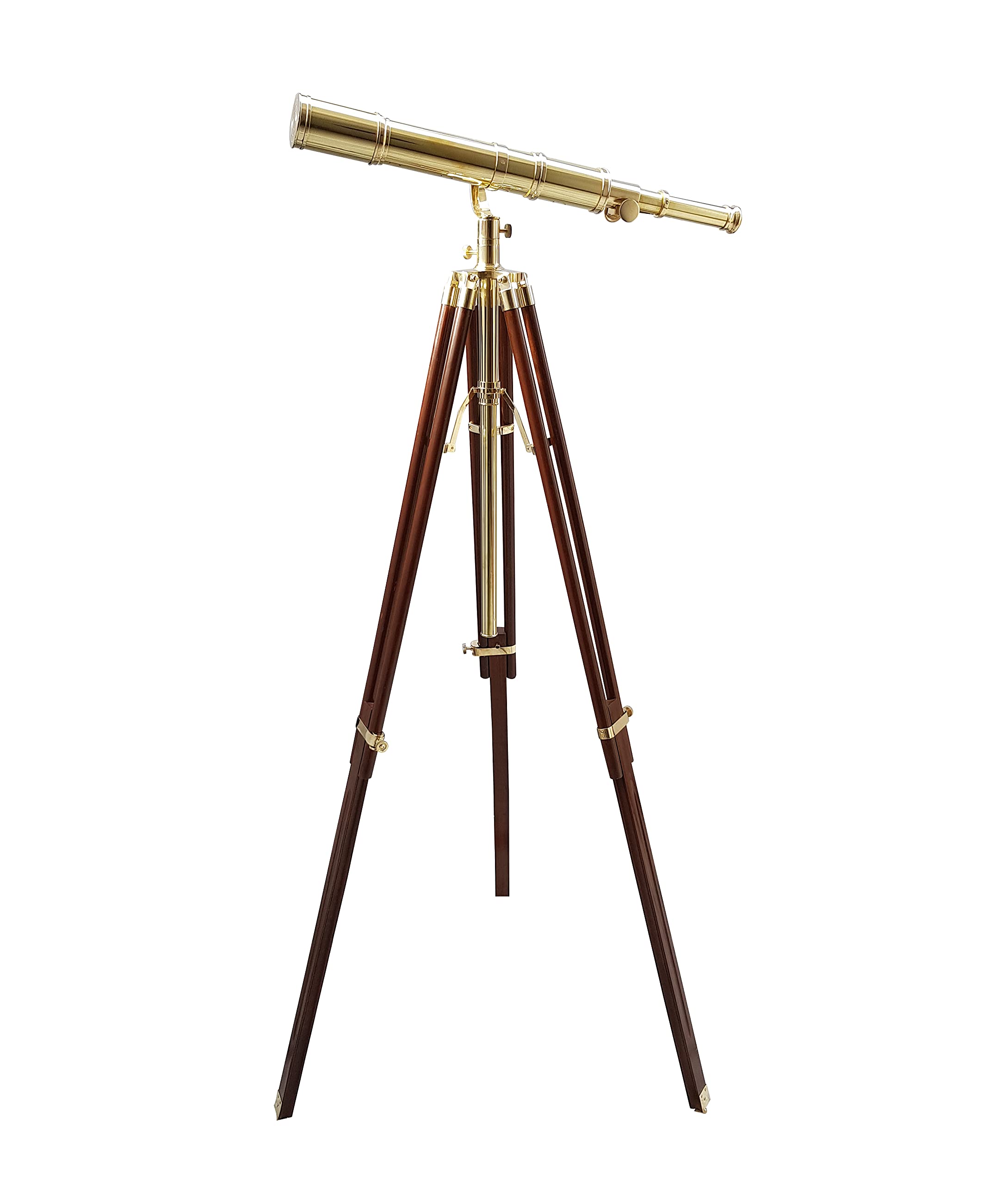Decorative Shiny Brass Telecope Vintage Floor Standing W/Adjustable Brown Wooden Stand Marine Navy Decor Item