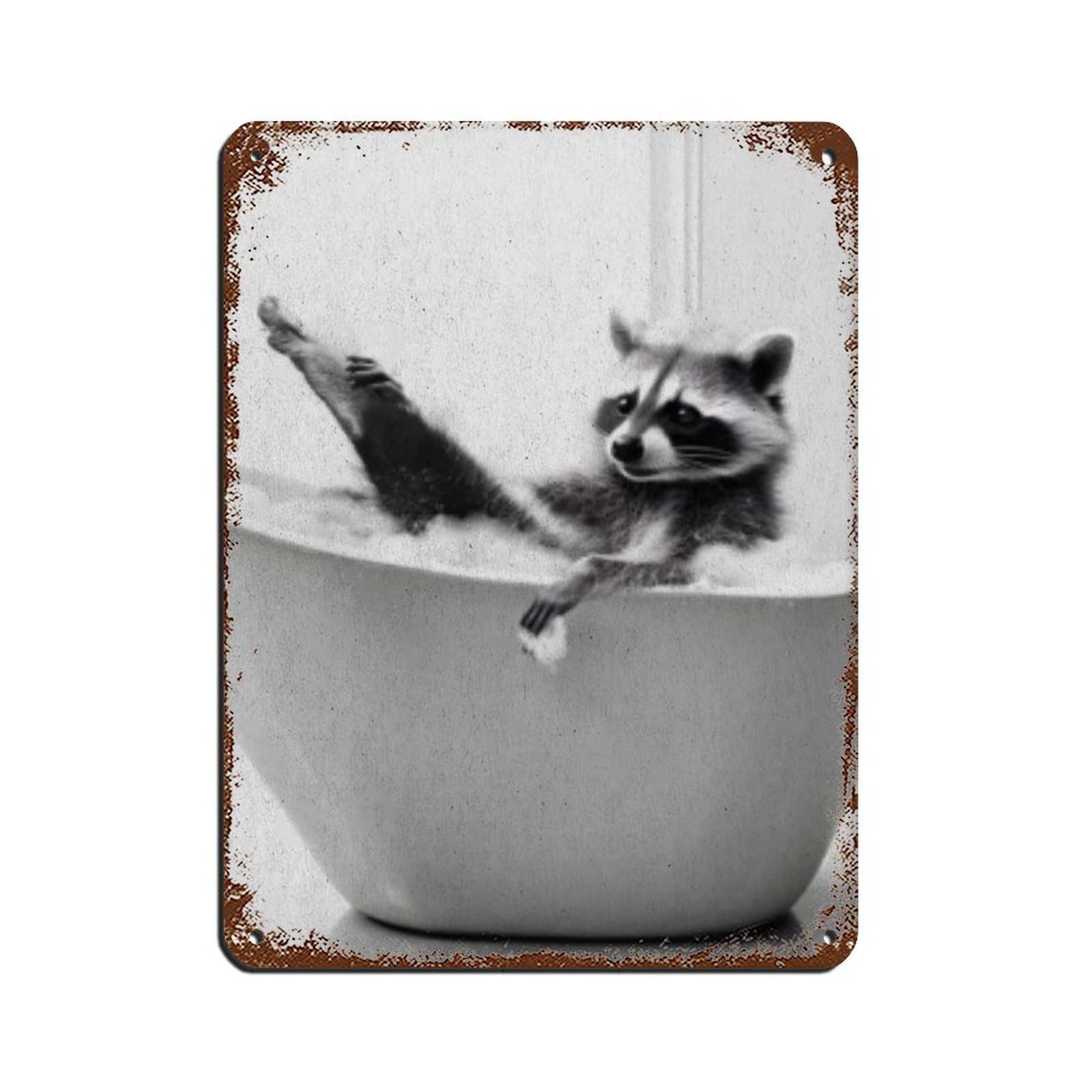 Adorable Raccoon in Tub Bathroom Art Tin Sign Vintage Metal Pub Club Cafe Bar Home Wall Art Decoration Poster Retro 12x16inch(30x40cm)