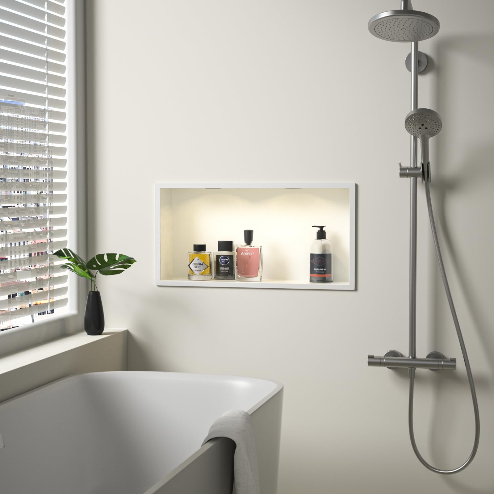 Ducha de pared de acero inoxidable con downlight, 60 cm x 30 cm, resistente al agua, no requiere azulejos, almacenamiento de baño, nicho, color blanco