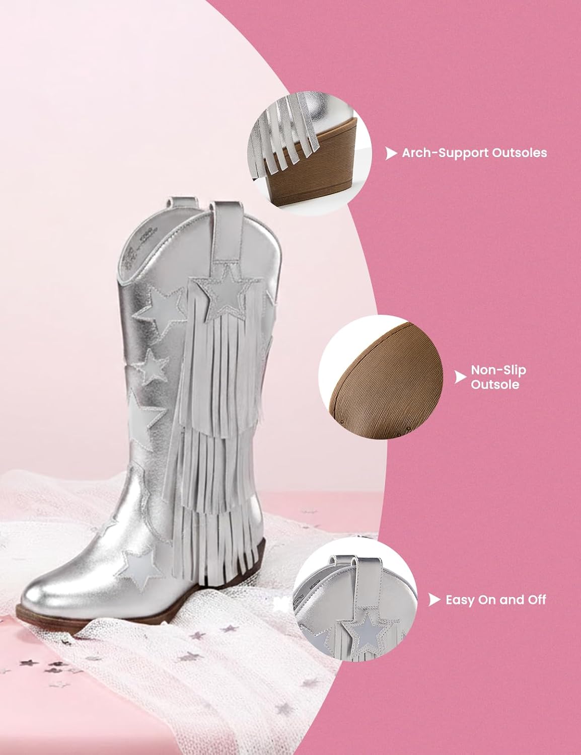 PATPAT Girls Cowgirl Boots Pointed Toe Stars Tassel Western Cowboy Boots for Riding Vintage Fringe Platform Shoes