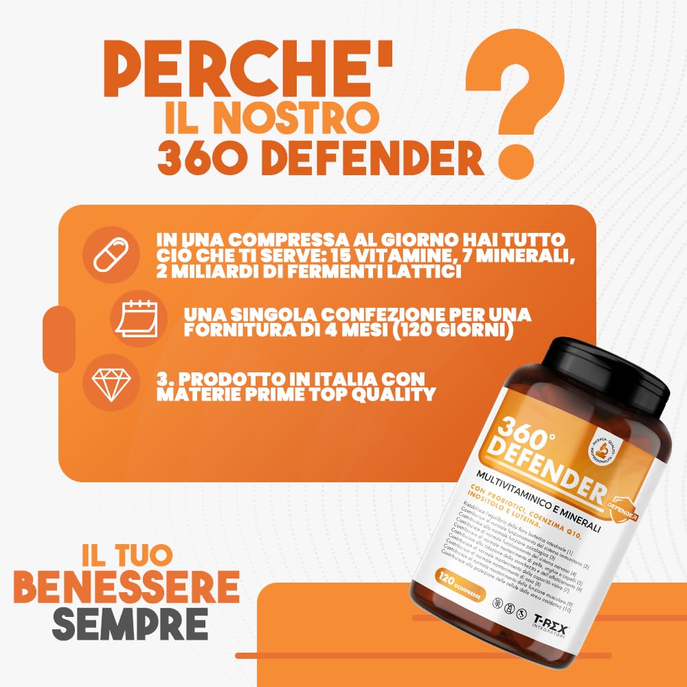 Multivitaminico Multiminerale con Probiotici, Vitamina B12, Acido Folico e Coenzima Q10 | 360° Defender Integratore Multivitaminico Completo con 14 Vitamine e 5 Sali Minerali