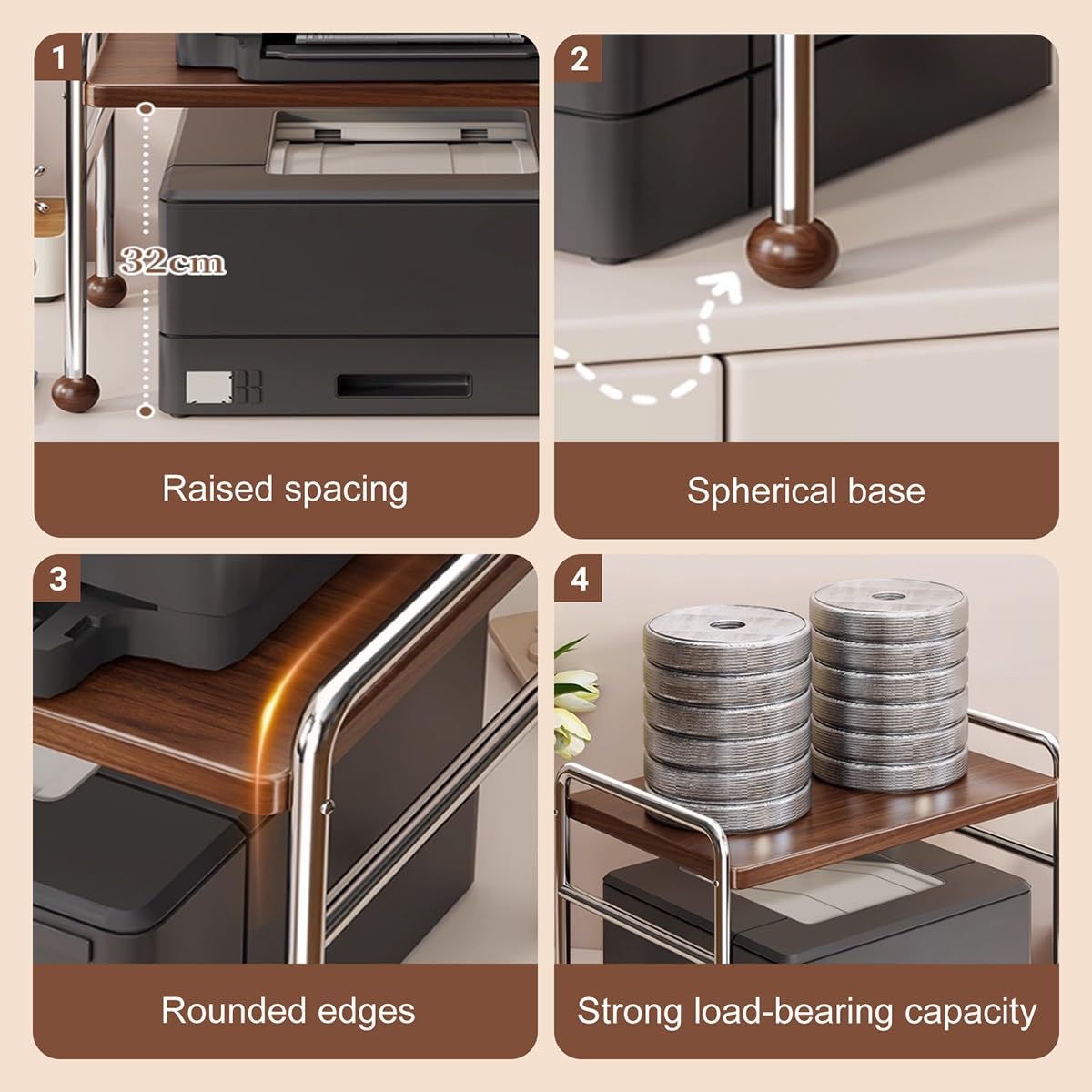 Soporte para impresora con parte superior de madera, estante de acero de 2 niveles, cajón extraíble, solución de almacenamiento de escritorio para oficina en casa, gran capacidad