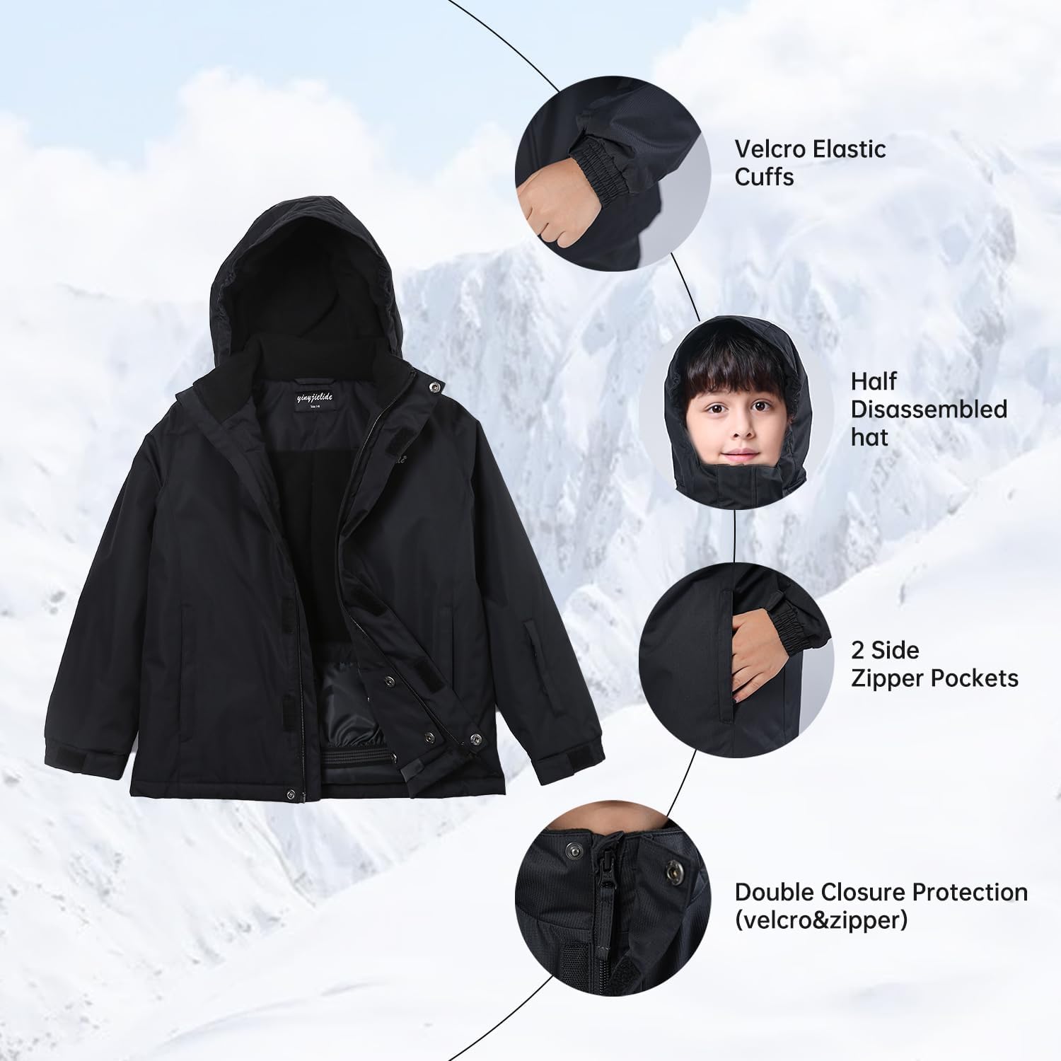 Boys Waterproof Winter Snow Coat, Kids Ski Snow Jacket for Boys, Warm Fleece Lined Winter Windproof Jacket with Hood - Image 3